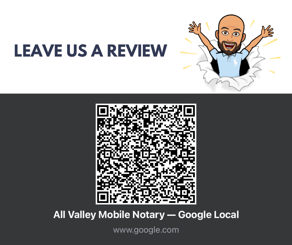All Valley Notary review invitation postcard with Google listing QR code